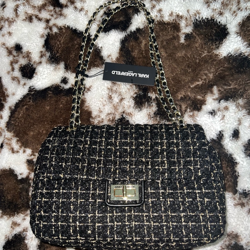 Karl Lagerfeld Women's Black & Gold AGYNESS Tweed Purse NWT